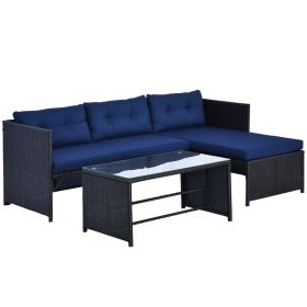 3 Piece Patio Furniture Set, Rattan Outdoor Sofa Set with Chaise Lounge & Loveseat, Soft Cushions, Tempered Glass Table, L-Shaped Sectional Couch
