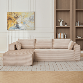 Compression Sectional Couch with Comfy Chaise, Boneless L Shape Sofa with Deep Seat (Color: BEIGE)