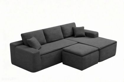 106.5" Modern Minimalist Modular Sectional Couch with Seat Cushion & Ottoman, Comfort L Shaped Sofa for Living Room, No Assembly Required (Color: Dark Gray-with Seat Cushion & Ottoman, Orientation: 3-seater Right Hand Facing)