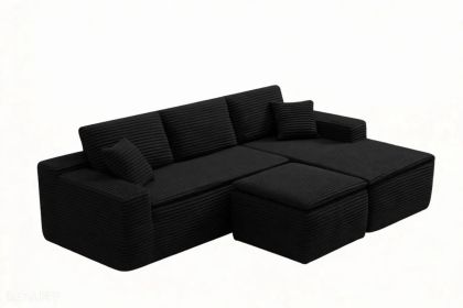106.5" Modern Minimalist Modular Sectional Couch with Seat Cushion & Ottoman, Comfort L Shaped Sofa for Living Room, No Assembly Required (Color: Black-with Seat Cushion & Ottoman, Orientation: 3-seater Right Hand Facing)
