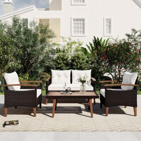 4-Piece Garden Furniture;  Patio Seating Set;  PE Rattan Outdoor Sofa Set;  Wood Table and Legs;  Brown and Beige (Color: BEIGE)