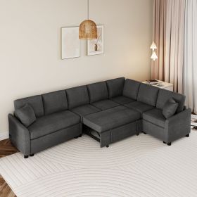 124.8"L-shaped Sofa Convertible Sofa Bed Pull Out Sofa Sleeper with Two Back Pillows, Two USB Ports and Two Power Sockets for Living Room (Color: Gray, Material: Chenille)