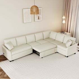 124.8"L-shaped Sofa Convertible Sofa Bed Pull Out Sofa Sleeper with Two Back Pillows, Two USB Ports and Two Power Sockets for Living Room (Color: BEIGE, Material: Chenille)